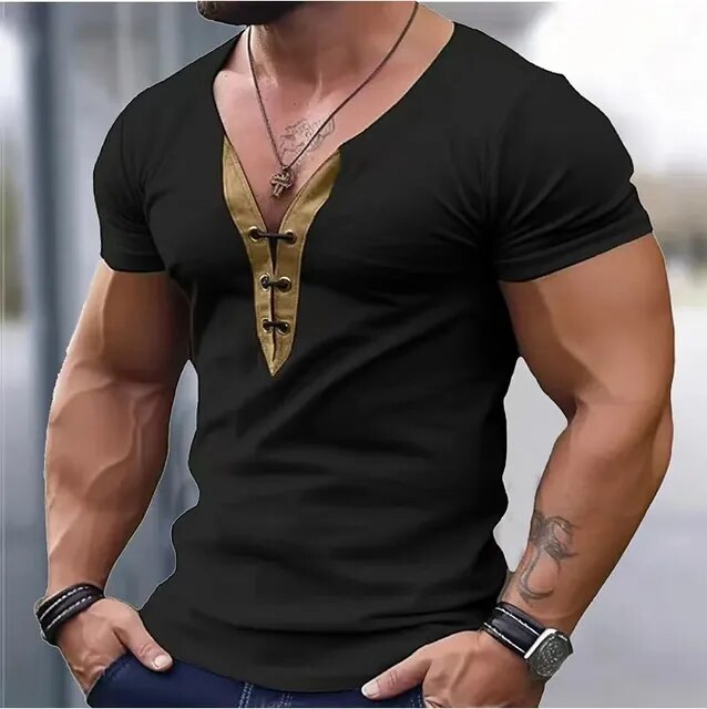 Men Muscle Shorts Sleeve T-shirt For Male Clothes Solid Vintage Henley Tshirts Sports Fitness Casual Stretch Thin V-neck Tee Top