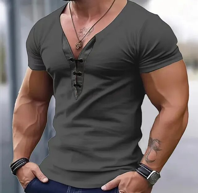 Men Muscle Shorts Sleeve T-shirt For Male Clothes Solid Vintage Henley Tshirts Sports Fitness Casual Stretch Thin V-neck Tee Top