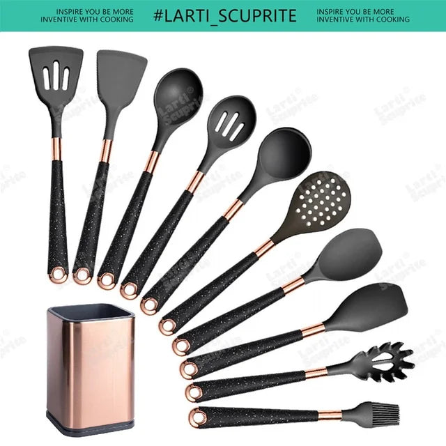 Silicone Cooking Utensils Set Kitchen Non-stick Tool Gold Plated Handle Gadgets BPA FREE Kitchenware Heat Resistant Spatula Set