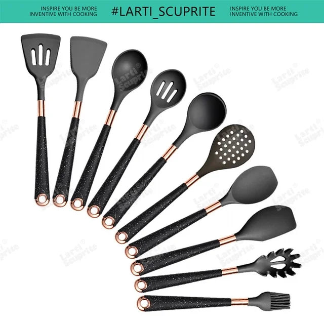 Silicone Cooking Utensils Set Kitchen Non-stick Tool Gold Plated Handle Gadgets BPA FREE Kitchenware Heat Resistant Spatula Set