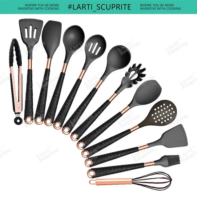 Silicone Cooking Utensils Set Kitchen Non-stick Tool Gold Plated Handle Gadgets BPA FREE Kitchenware Heat Resistant Spatula Set