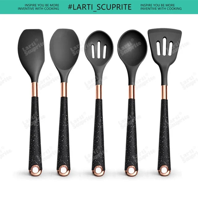 Silicone Cooking Utensils Set Kitchen Non-stick Tool Gold Plated Handle Gadgets BPA FREE Kitchenware Heat Resistant Spatula Set