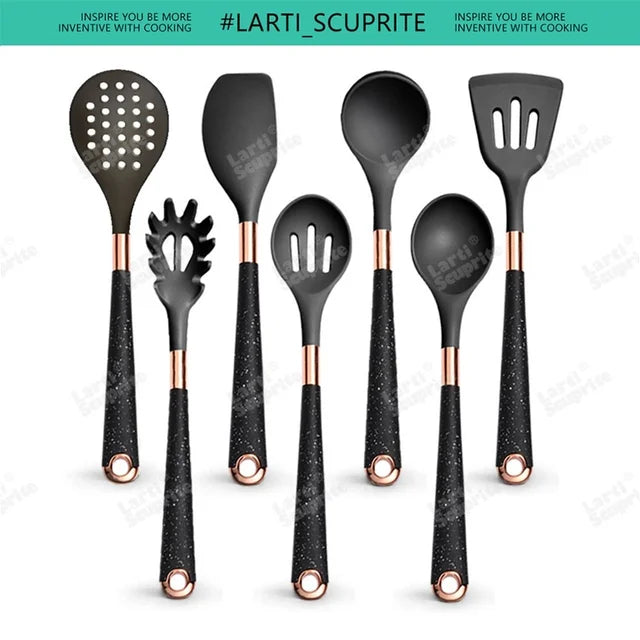 Silicone Cooking Utensils Set Kitchen Non-stick Tool Gold Plated Handle Gadgets BPA FREE Kitchenware Heat Resistant Spatula Set