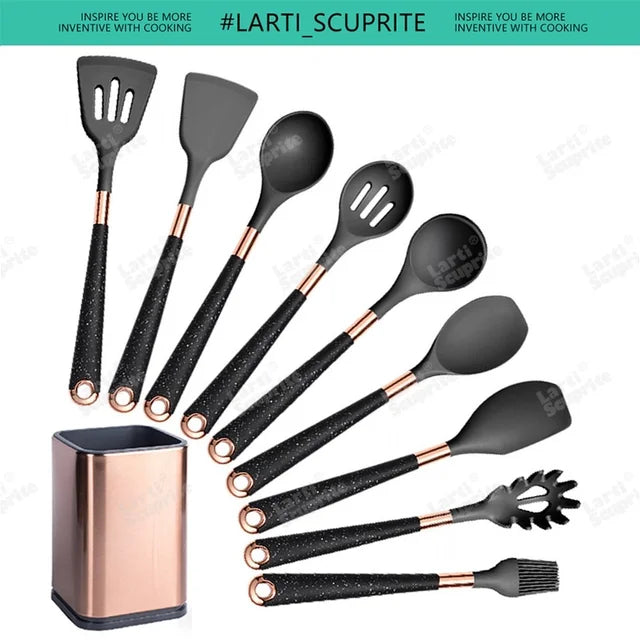 Silicone Cooking Utensils Set Kitchen Non-stick Tool Gold Plated Handle Gadgets BPA FREE Kitchenware Heat Resistant Spatula Set