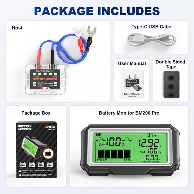 ANCEL BM200/BM300/ BM200 PRO 12V LED Battery Tester Monitor Head-Up Display Charging Tester Tool Battery Health SOH SOC Analyzer