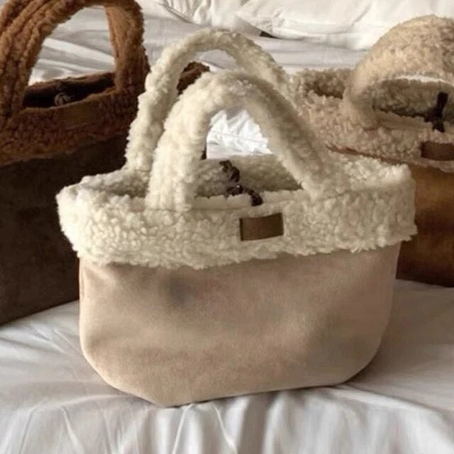 2023 Winter Fashion Trend Tote Bags Luxury Designer Handbags and Wallets Women's Faux Lamb Wool Color Block Retro Handbags Rever