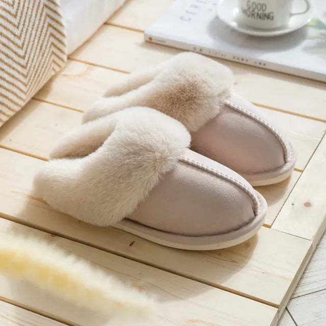 2023 Winter Warm Home Fur Slippers Women Luxury Faux Suede Plush Couple Cotton Shoes Indoor Bedroom Flat Heels Fluffy Slippers