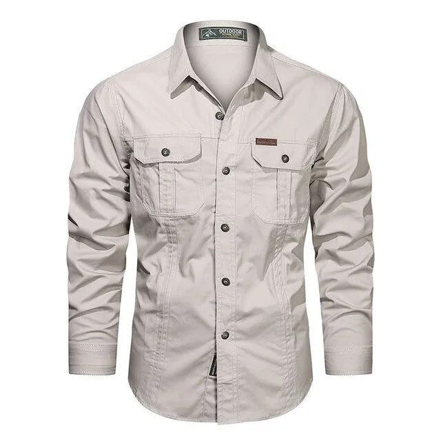 New Autumn Military Style Cotton Pocket Shirt for Men Solid Color Slim Casual Brand Clothing Men Long Sleeve Shirts 5XL