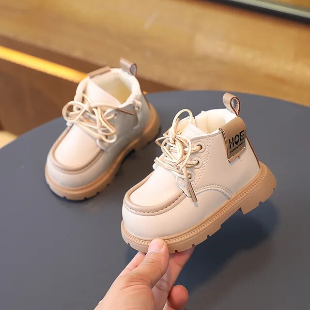 Baby Boots Winter New Thickened British Style Boys Girls Anti Slip Warm Leather Boots Side Zipper Kids Soft Soled Toddler Shoes