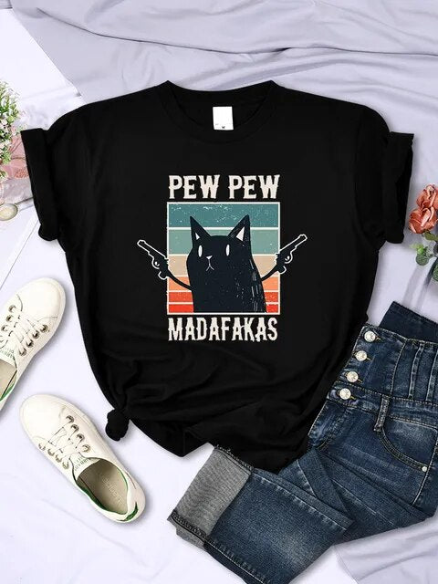 Pew Pew Madafaks Cute Funny Print Women T Shirts Hip Hop Vintage Tee Clothes Creativity Casual Tops Crewneck Womans Short Sleeve