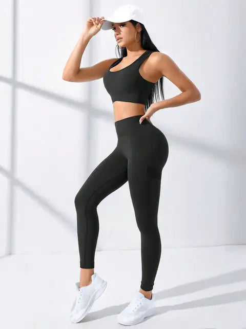 Yoga Basic 2pcs Seamless High Stretch Yoga Set Tracksuit Gym Set Crisscross Back Cami Hip-hugging Tummy Control Leggings