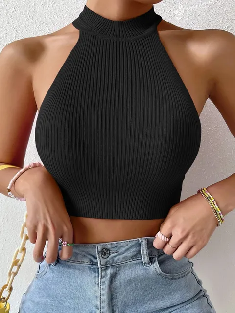 Summer Dopamine Women Basics Casual Knit Sleeveless Corset Halter Crossfit Crop Top Y2k Clothes Femme Stretch Sweater Tank