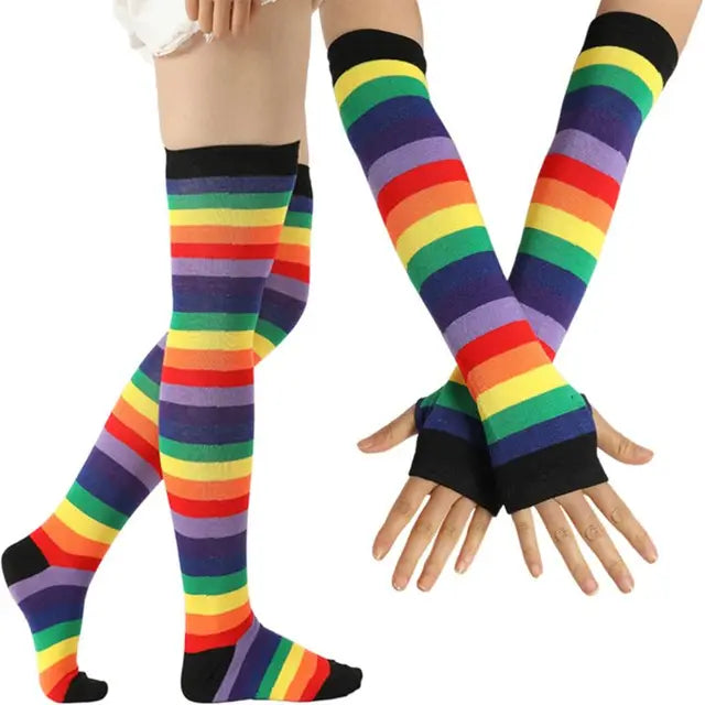 Womens Rainbow Socks Striped Over Knee Thigh High Stockings Arm Warmer Gloves Drop Shipping