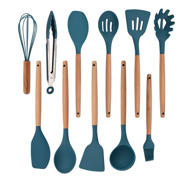 Blue Heat Resistant Silicone Kitchenware Cooking Utensils Set Kitchen Non-Stick Cooking Utensils Baking Tools With Storage Box