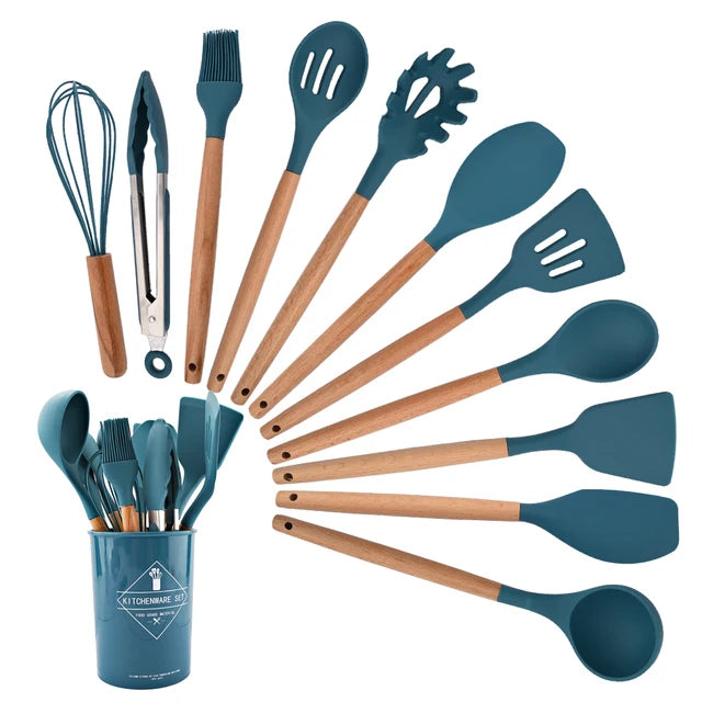 Blue Heat Resistant Silicone Kitchenware Cooking Utensils Set Kitchen Non-Stick Cooking Utensils Baking Tools With Storage Box