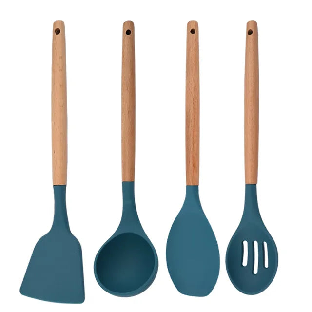 Blue Heat Resistant Silicone Kitchenware Cooking Utensils Set Kitchen Non-Stick Cooking Utensils Baking Tools With Storage Box