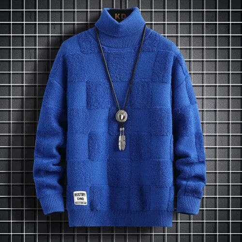 High Neck Thickened Warm Sweater/ High Quality Men's Winter Pure Korean Slim Casual Fashion Brand Loose Check Knitted Pullover