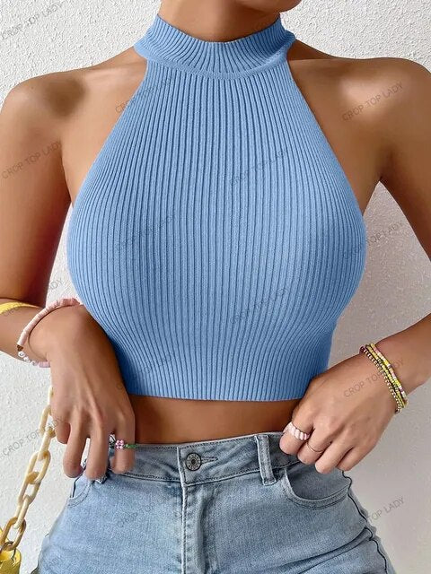 Women Dopamine Basics Solid Casual Sexy Ribbed Knit Sleeveless Corset Halter Crossfit Crop Tops Y2k Clothes Femme Stretch Tank