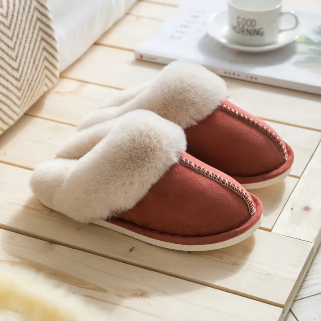 2023 Winter Warm Home Fur Slippers Women Luxury Faux Suede Plush Couple Cotton Shoes Indoor Bedroom Flat Heels Fluffy Slippers