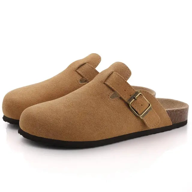 Comwarm Fashion Women's Suede Mules Slippers Boston Clogs Cork Insole Sandals With Arch Support Outdoor Beach Slides Home Shoes