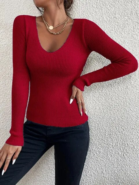 On Sale Winter Spring Women Casual Long Sleeve Knit V Neck Pullover Sweater Femme Basic Pull JerseyTops Fashion Blouses Clothes