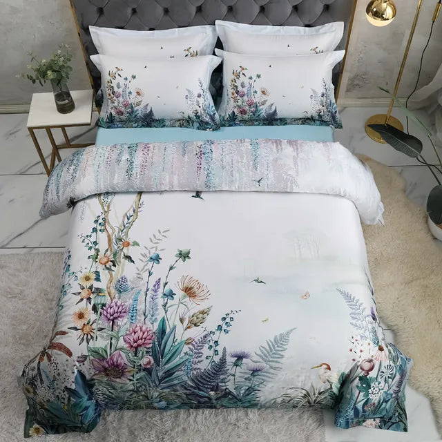 100% Egyptian Cotton US size Bedding Queen King size 4Pcs Birds and Flowers Leaf Gray Shabby Duvet Cover Bed sheet Pillow shams