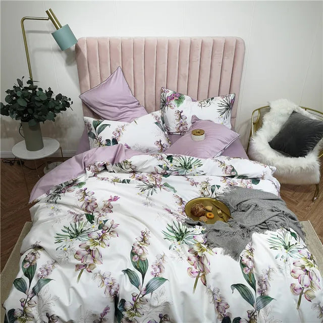 29Color 4/6Pcs Luxury Egyptian Cotton Bedding Set Queen King size Bright Flamingo Leaf Duvet Cover Bed sheet set Fitted sheet