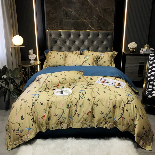 100% Egyptian Cotton US size Bedding Queen King size 4Pcs Birds and Flowers Leaf Gray Shabby Duvet Cover Bed sheet Pillow shams