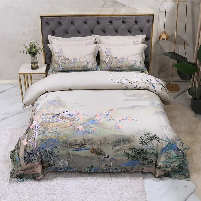 100% Egyptian Cotton US size Bedding Queen King size 4Pcs Birds and Flowers Leaf Gray Shabby Duvet Cover Bed sheet Pillow shams