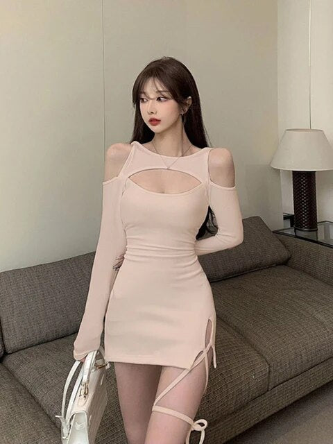 Women Mini Dress Lace Up Bandage Autumn Slim Long Sleeve Short Dresses Hot Sexy Hollow Out Elegant Vestidos Clothes 2022 платье