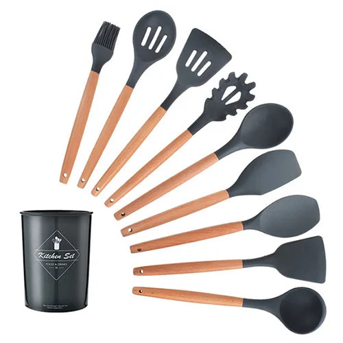 Silicone Kitchenware Cooking Utensils Set Non-stick Cookware Spatula Shovel Egg Beaters Wooden Handle Kitchen Cooking Tool Set