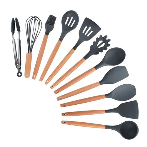 Silicone Kitchenware Cooking Utensils Set Non-stick Cookware Spatula Shovel Egg Beaters Wooden Handle Kitchen Cooking Tool Set