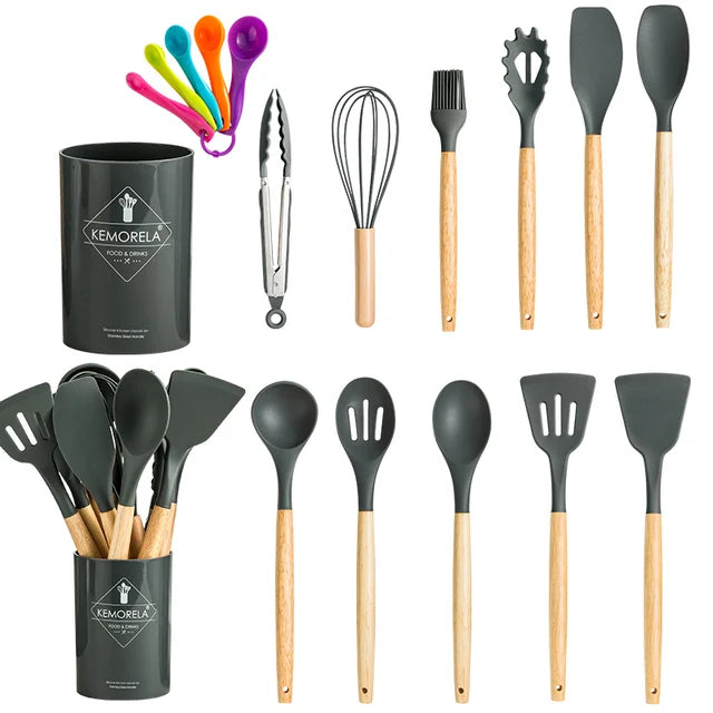 Silicone Kitchenware Cooking Utensils Set Non-stick Cookware Spatula Shovel Egg Beaters Wooden Handle Kitchen Cooking Tool Set