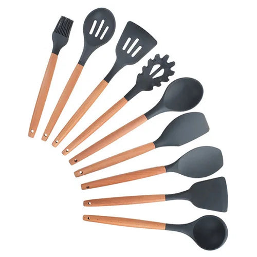 Silicone Kitchenware Cooking Utensils Set Non-stick Cookware Spatula Shovel Egg Beaters Wooden Handle Kitchen Cooking Tool Set