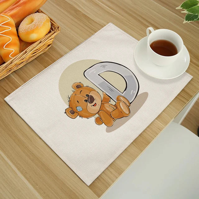 Cute Cartoon Animal Bear Kitchen Placemat for Children Kids English Alphabet A-Z Print Cotton Linen Dining Table Mats Coaster