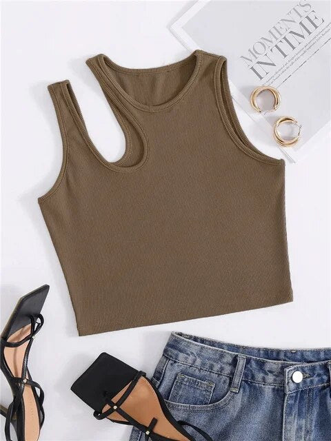 Sexy Rib-knit Tank Top for Women Summer Solid O-neck Sleeveless Crop Tops Street Vintage Korean Fashion Shirt Vest Y2K Clothes