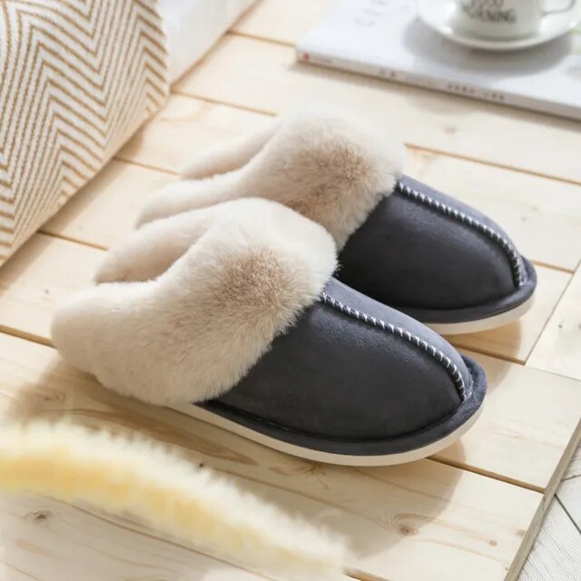 2023 Winter Warm Home Fur Slippers Women Luxury Faux Suede Plush Couple Cotton Shoes Indoor Bedroom Flat Heels Fluffy Slippers