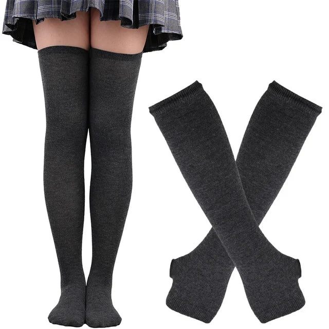 1 Set Women Gothic Punk Over Knee Long Stripe Socks Arm Sleeve Gloves for Girl Thigh High Cotton Socks Sweet Cute Christmas Gift