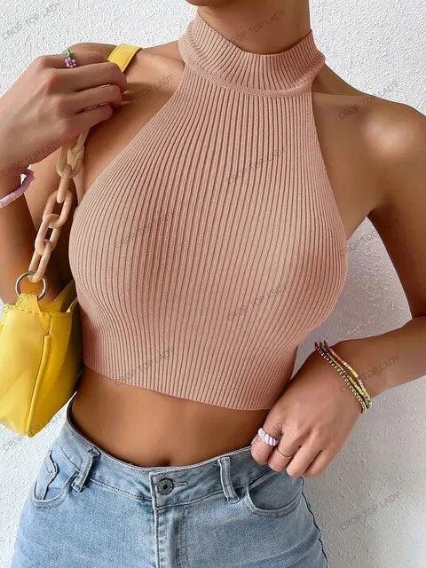 Women Dopamine Basics Solid Casual Sexy Ribbed Knit Sleeveless Corset Halter Crossfit Crop Tops Y2k Clothes Femme Stretch Tank