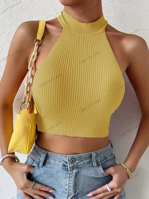 Women Dopamine Basics Solid Casual Sexy Ribbed Knit Sleeveless Corset Halter Crossfit Crop Tops Y2k Clothes Femme Stretch Tank