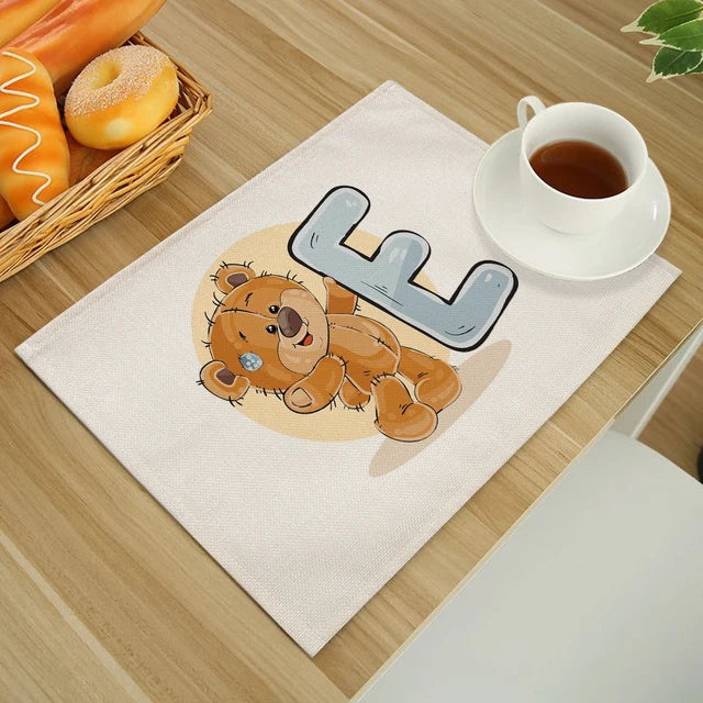 Cute Cartoon Animal Bear Kitchen Placemat for Children Kids English Alphabet A-Z Print Cotton Linen Dining Table Mats Coaster