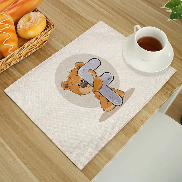 Cute Cartoon Animal Bear Kitchen Placemat for Children Kids English Alphabet A-Z Print Cotton Linen Dining Table Mats Coaster