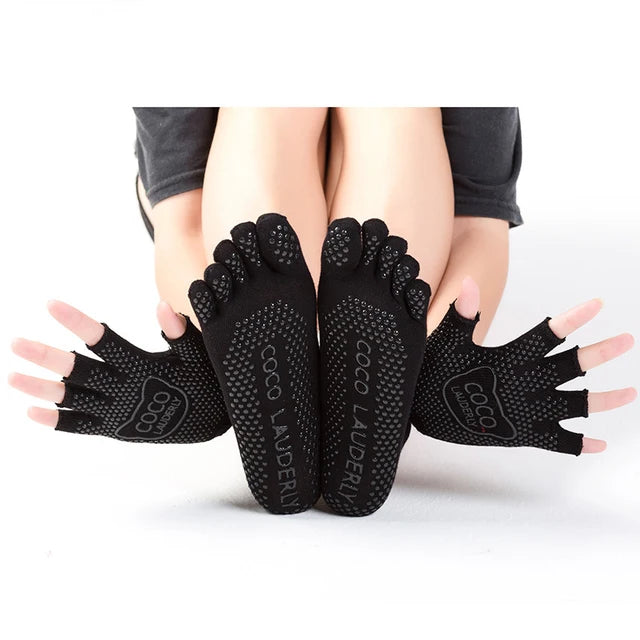 Women Yoga Non-slip Glove & Sock Set Cotton Sweat-absorbing Sports Five-toed Socks