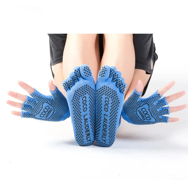 Women Yoga Non-slip Glove & Sock Set Cotton Sweat-absorbing Sports Five-toed Socks