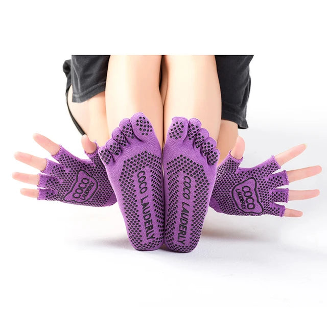 Women Yoga Non-slip Glove & Sock Set Cotton Sweat-absorbing Sports Five-toed Socks