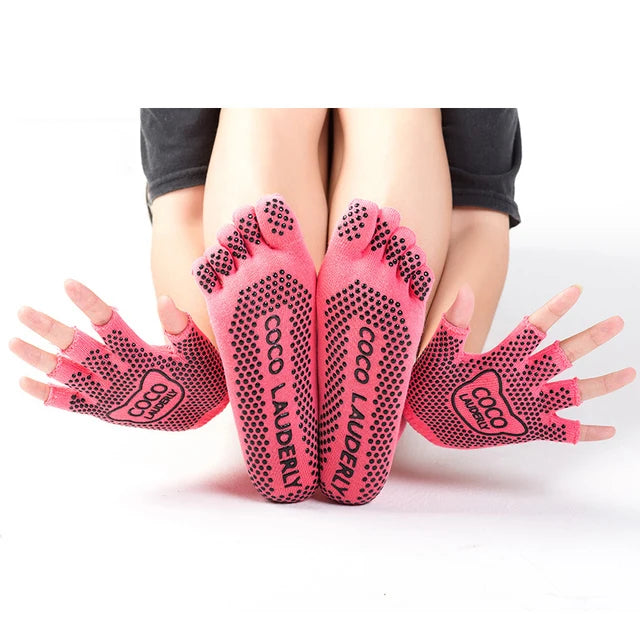 Women Yoga Non-slip Glove & Sock Set Cotton Sweat-absorbing Sports Five-toed Socks