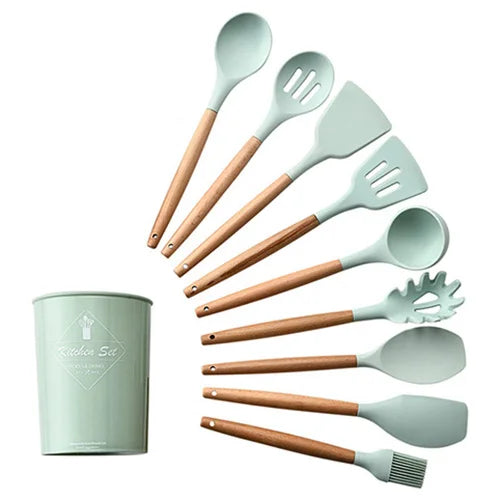 Silicone Kitchenware Cooking Utensils Set Non-stick Cookware Spatula Shovel Egg Beaters Wooden Handle Kitchen Cooking Tool Set