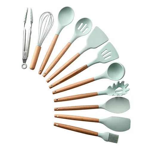 Silicone Kitchenware Cooking Utensils Set Non-stick Cookware Spatula Shovel Egg Beaters Wooden Handle Kitchen Cooking Tool Set