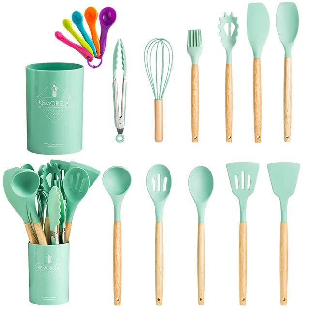 Silicone Kitchenware Cooking Utensils Set Non-stick Cookware Spatula Shovel Egg Beaters Wooden Handle Kitchen Cooking Tool Set