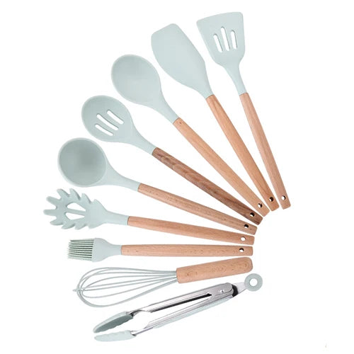 Silicone Kitchenware Cooking Utensils Set Non-stick Cookware Spatula Shovel Egg Beaters Wooden Handle Kitchen Cooking Tool Set